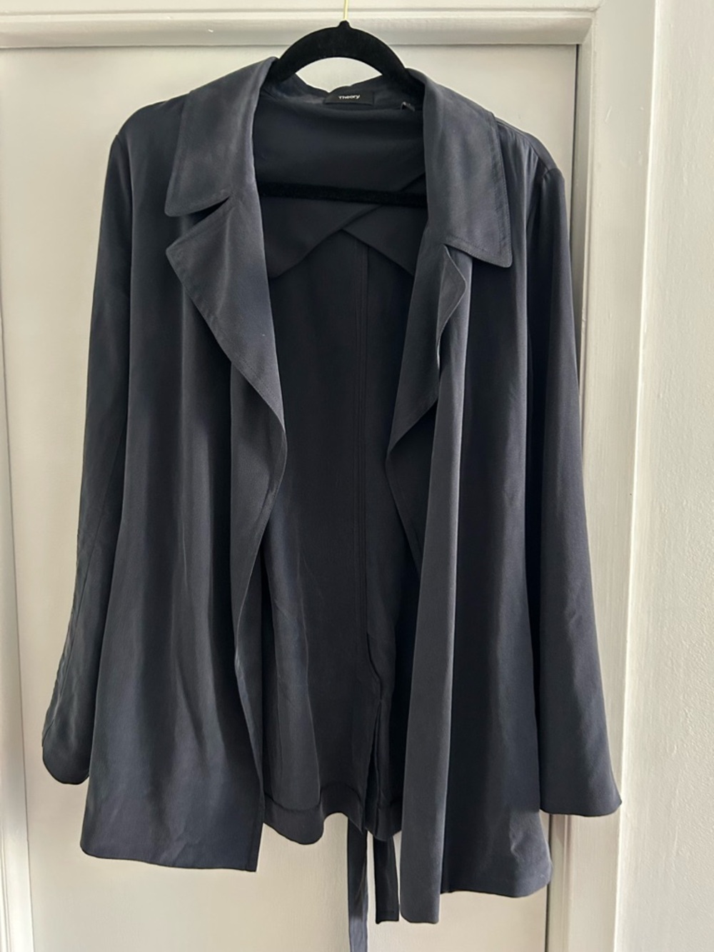 Theory Navy Draped Open Front Jacket with belt